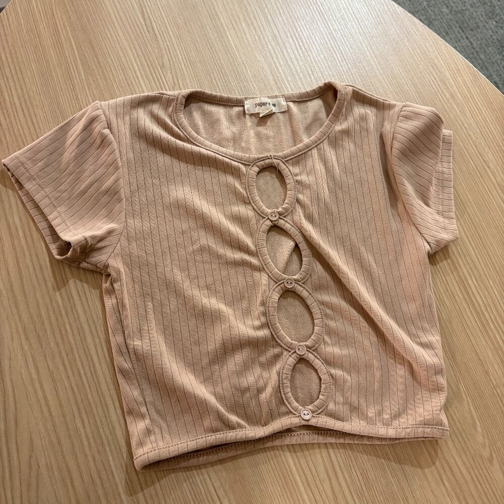 Paper + Tee Cropped Top Small Beige Tan Cut Outs Short Sleeve Ribbed Casual
